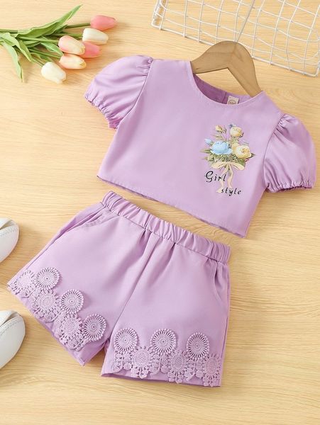 

toddler girls floral & letter graphic appliques detail tee & shorts she, White