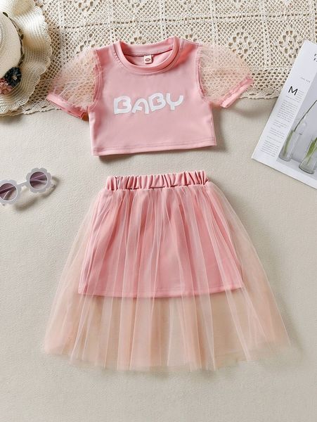 

toddler girls letter graphic dobby mesh puff sleeve & skirt she01, White