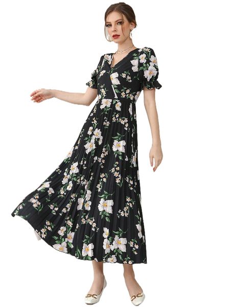 

floral print pleated hem a-line dress v0ef#, Black;gray