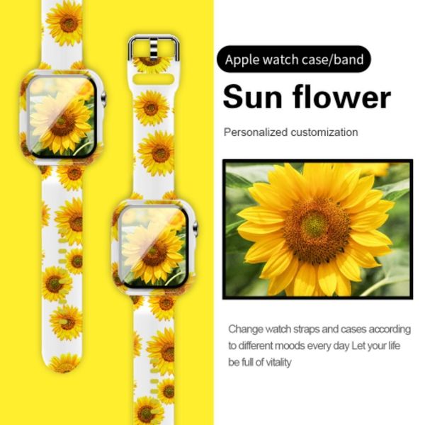 Casos de vidro temperado da flor do sol Remunha uma faixa para iwatch 45mm 41mm 44mm 38mm 42mm 40mm série 7 5 4 3 2 1 Curvido com moldura de borda