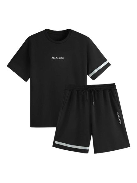 

men letter graphic tee & drawstring waist shorts y67p#, Gray