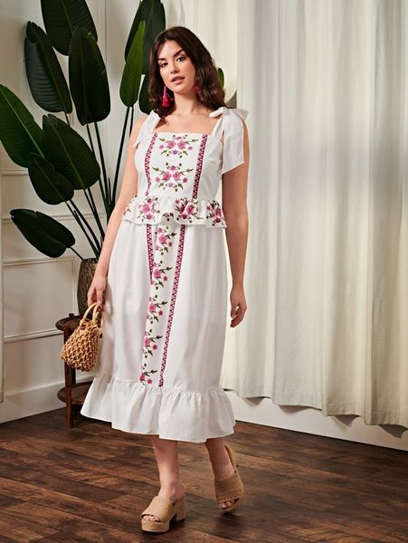 

plus tie shoulder floral print ruffle dress d52e#, Black
