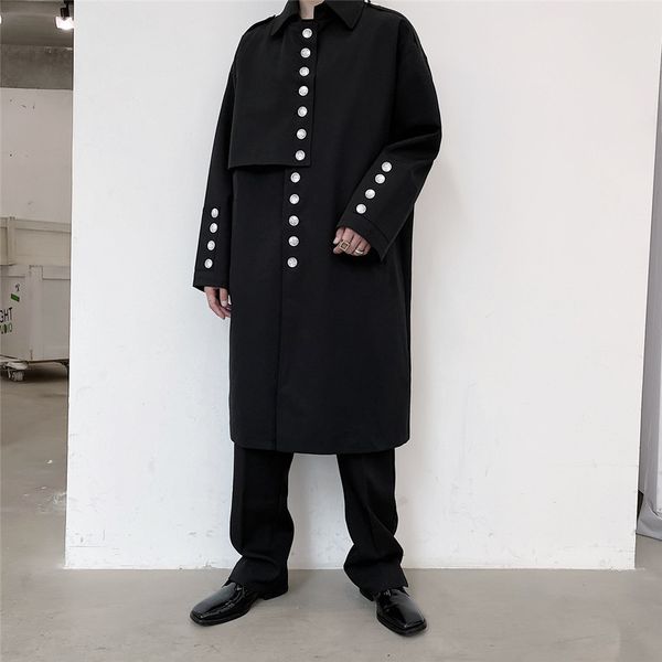 

men's trench coats men buttons 34 length trench coat japanese harajuku streetwear trenchcoat women dark black oversize fashion long car, Tan;black