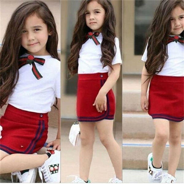 

brand 1 5y summer toddler baby girl clothes sets floral embroidery white cotton t shirts red mini pencil skirts 220620