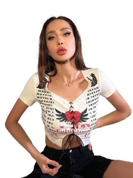 

meysi kim sweetheart neck letter & heart print lace up front tee g2sd#, White