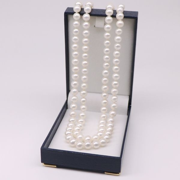 Handgeknüpfte Halskette, natürliche 6–7 mm, doppellagige weiße Süßwasserperlenkette, 2 Reihen, Halsband 18–19 Zoll