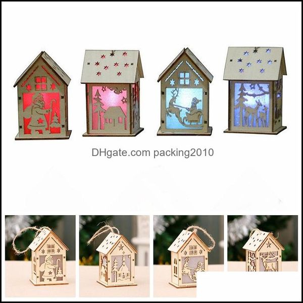 Decorazioni natalizie Forniture per feste festive Giardino domestico Illuminato Ornamenti per slitta in legno di alce Chalet Ciondolo per casa di Babbo Natale Artigianato Albero di Natale Dicembre