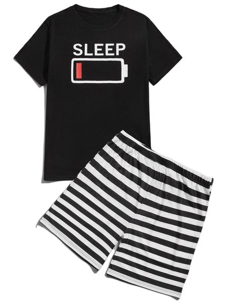 

men letter graphic sleep tee & striped sleep shorts z5ja#, Black;brown