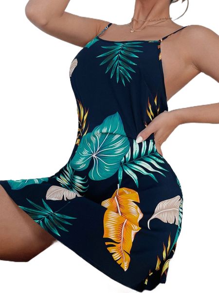 

tropical print cami night dress h2xs#, Black;red