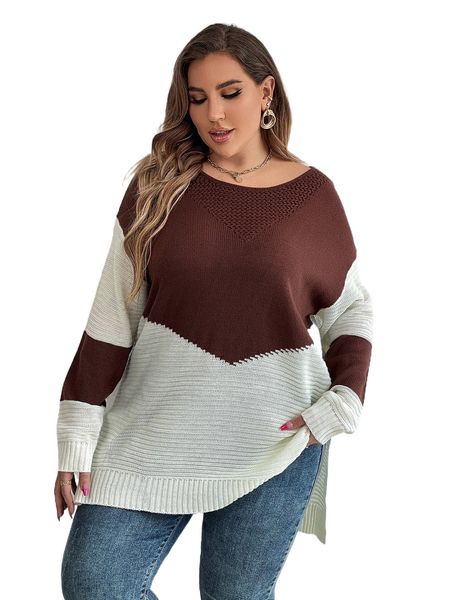 

plus two tone drop shoulder split hem sweater t65j#, Black