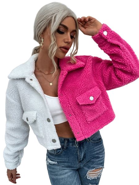 

two tone flap pocket teddy jacket f1pf#, Black;brown