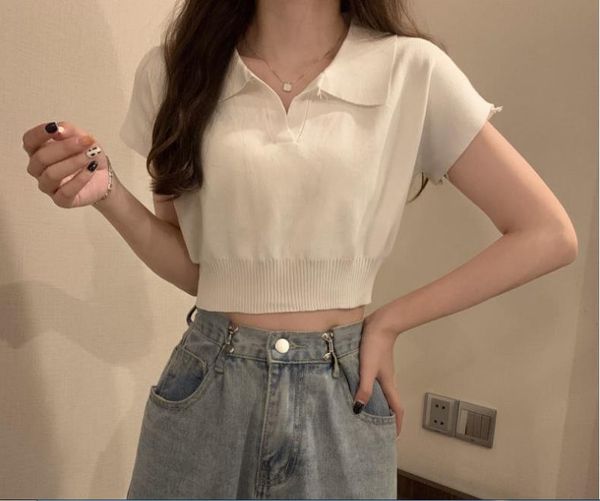 

knitted tees solid cropped tees camisetas girl clothing streetwear short sleeve polo t shirts black, White