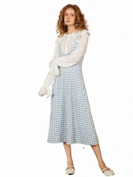

mod statement collar flounce sleeve shirt & gingham dress set u5ga#, White