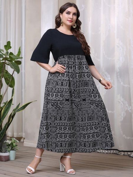 

plus geo print dress f1fy#, Black