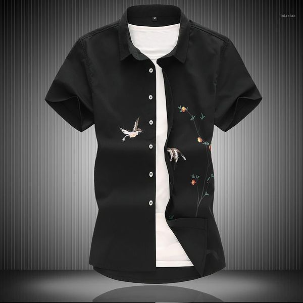 Erkek Gömlek 2022 Yaz Moda Baskılı Siyah Beyaz Kuş Kısa Kollu Akıllı Rahat Boy 7XL Slim Fit Üstleri Gömlek Erkekler