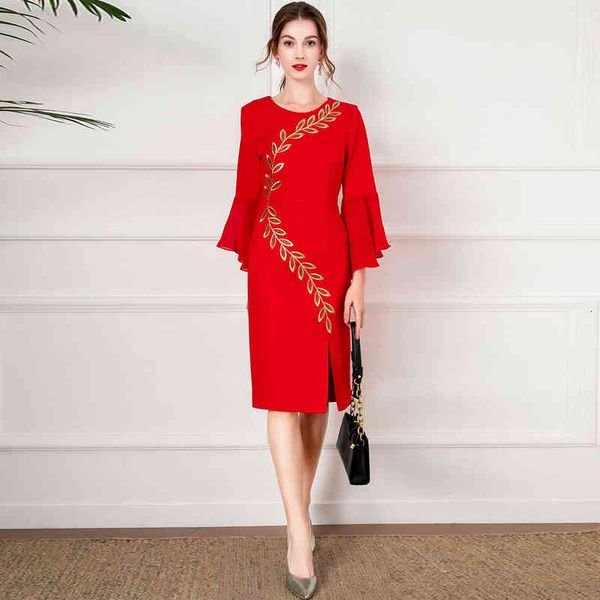 

casual dresses wind commuting women's fall leaf embroidery round neck flare sleeve slim side slit dress, Black;gray