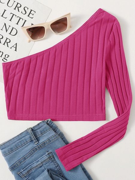 

one shoulder rib-knit crop y8si#, White