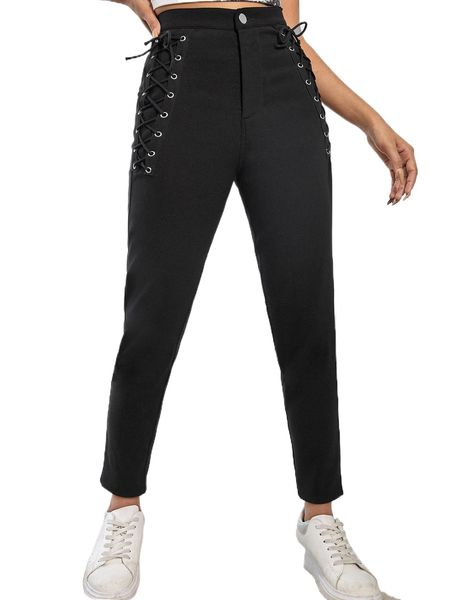 

lace up tapered pants l0it#, Black;white