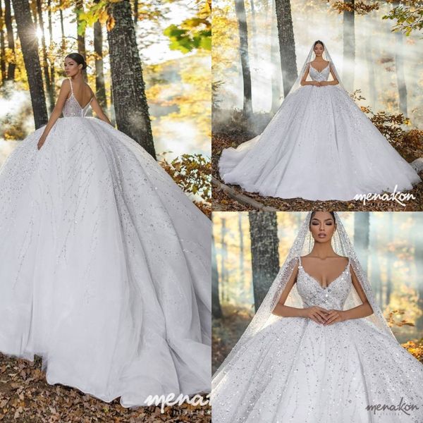 

luxury dubai ball gown wedding dresses spaghetti v neck backless beaded crystal vestido de noiva bridal gowns, White