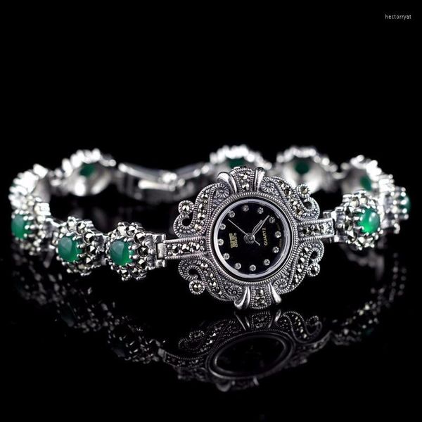 Wristwatches edição limitada Classic S925 Silver Pure Watch Green Jade Bracelet Thailand Processo Rhinestone Bangle Dresswatchwristwatches ele