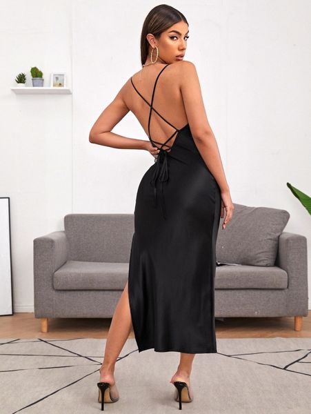 

crisscross back high split dress a32g#, Black;gray