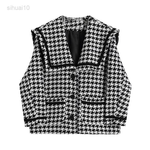 

autumn winter clothing wool short jacket female korean version loose houndstooth padded all-match jacket long sleeve women l220725, Black
