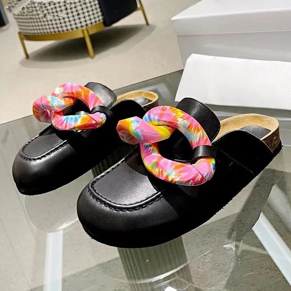 Flat grossa sola fechado toe slipper mulheres de couro real profundo boca colorida cadeia decoração preguiçoso mules primavera de férias ao ar livre tênis