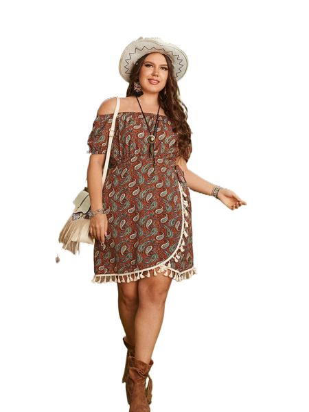 

plus paisley print off shoulder tassel trim wrap tie side dress 00iu#, Black