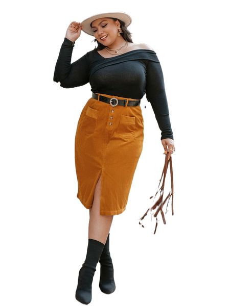 

simplee plus pocket patched split hem cord skirt without belt 238m#, Black