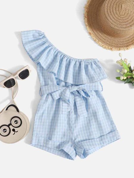 

toddler girls plaid ruffle trim belted jumpsuit she, Blue