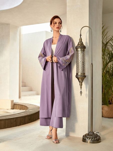 

floral embroidered drop shoulder coat & pants x4h4#, White