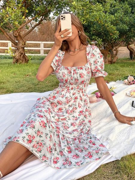 

random floral print puff sleeve square neck ruffle hem dress o8th#, Black;gray