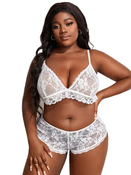 

plus floral lace wireless lingerie set without liner 32sm#, Black;white