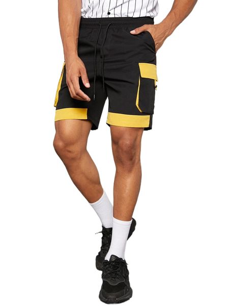 

men colorblock flap pocket side drawstring waist shorts 61vd#, White;black