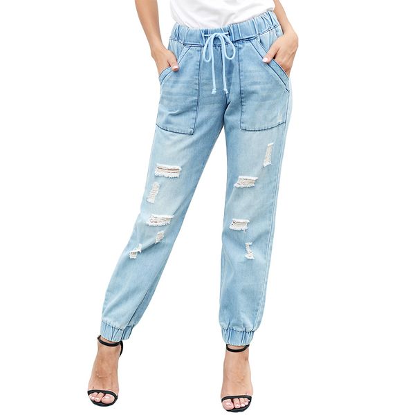 

women's 2022 loose and thin high waist jeans new drawstring ripped jeans, Blue