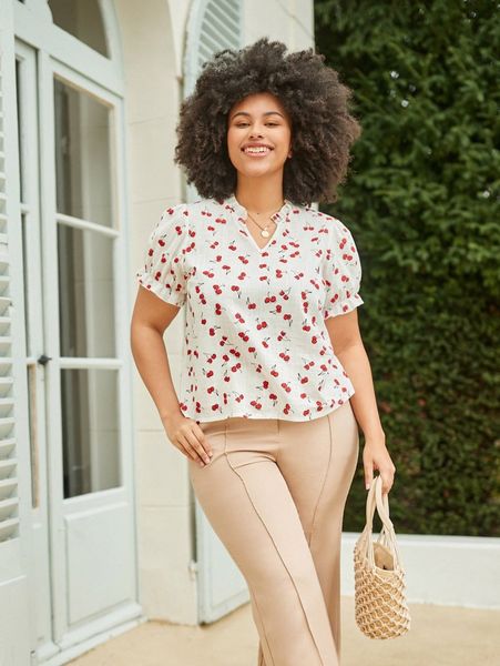

plus cherry print notch neck puff sleeve blouse z2ws#, Black