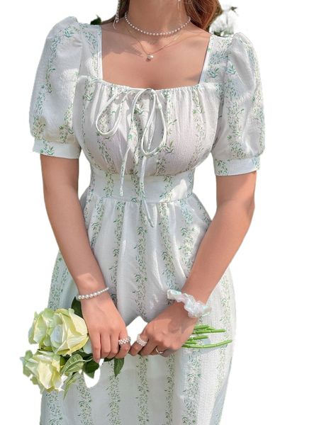 

allover plants print square neck knot front dress p8bz#, Black;gray