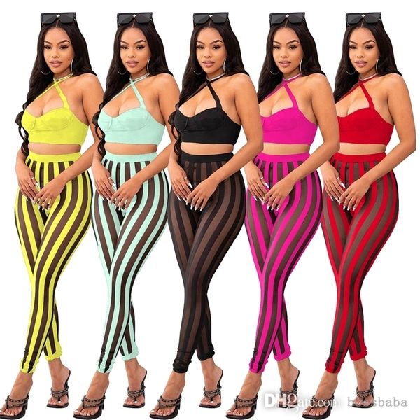 Designer Damen Trainingsanzüge Sommer Sexy Zweiteiler Sheer Yoga Hosen Set Neckholder Crop Tops Mesh Leggings Outfits Frauen Kleidung