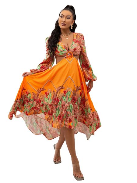 

glamaker floral print lantern sleeve cut out ruffle hem dress t5ot#, Black;gray