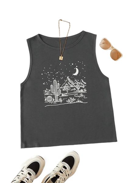 

plus moon & cactus print tank h9v2#, Black