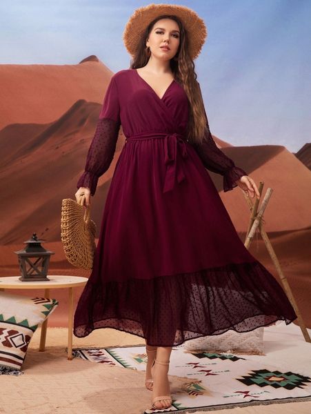 

plus contrast dobby mesh flounce sleeve ruffle hem belted dress d576#, Black