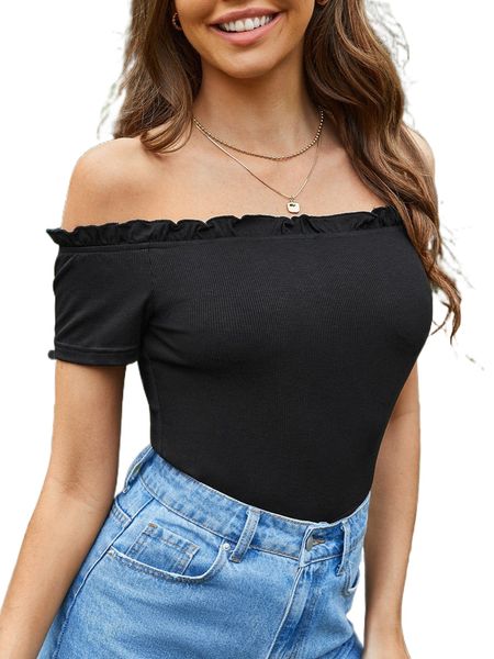 

off shoulder frill trim tee t82f#, White