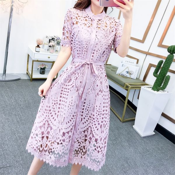 

hma spring summer runway women s clothings pleated stand collar short sleeve single breasted polka dot lace dress 220521, Black;gray
