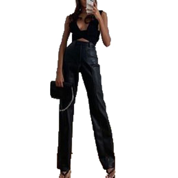 

women's pants & capris orangea y2k fashion women autumn faux leather straight luxurious vintage leisure pu loose office lady slim desig, Black;white