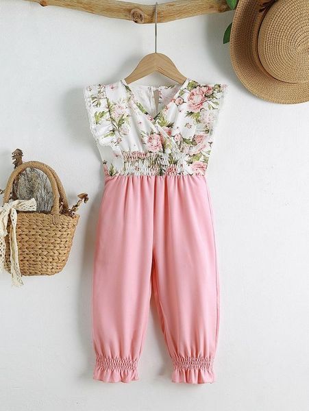 

toddler girls floral print shirred waist ruffle trim jumpsuit she, Blue