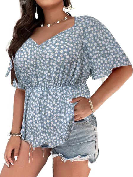 

plus ditsy floral print butterfly sleeve peplum blouse q79e#, Black