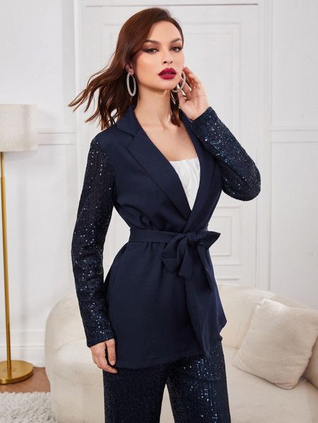 

contrast sequins sleeve belted blazer p9xg#, White