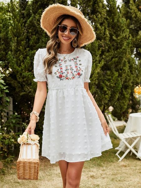 

floral embroidery puff sleeve dress i2xz#, Black;gray