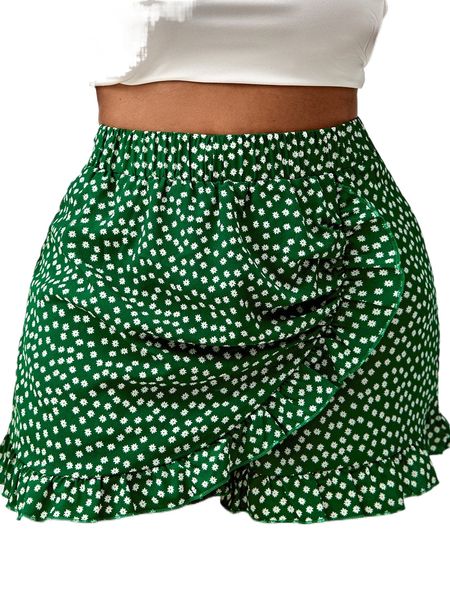 

plus ditsy floral ruffle trim wrap hem skort 93kh#, Black