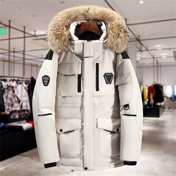 

white duck down jacket men winter fur collar warm thicken long parka windproof warm white coat men snowjacket 201126, Black